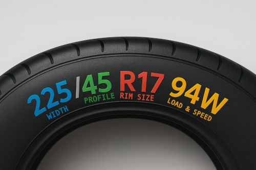 Diagram showing where to find tyre size on the sidewall